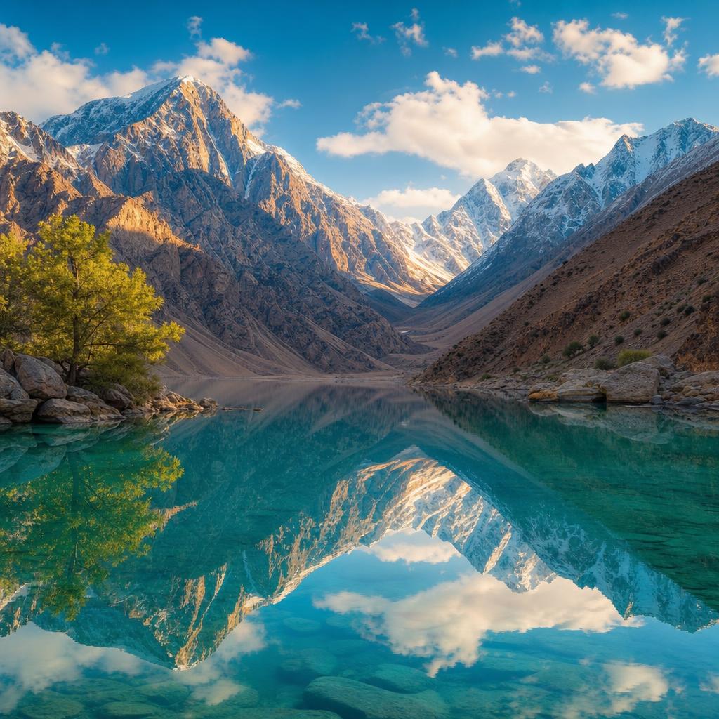 The serene waters of Iskanderkul Lake in Tajikistan reflect the surrounding rugged mountain range.