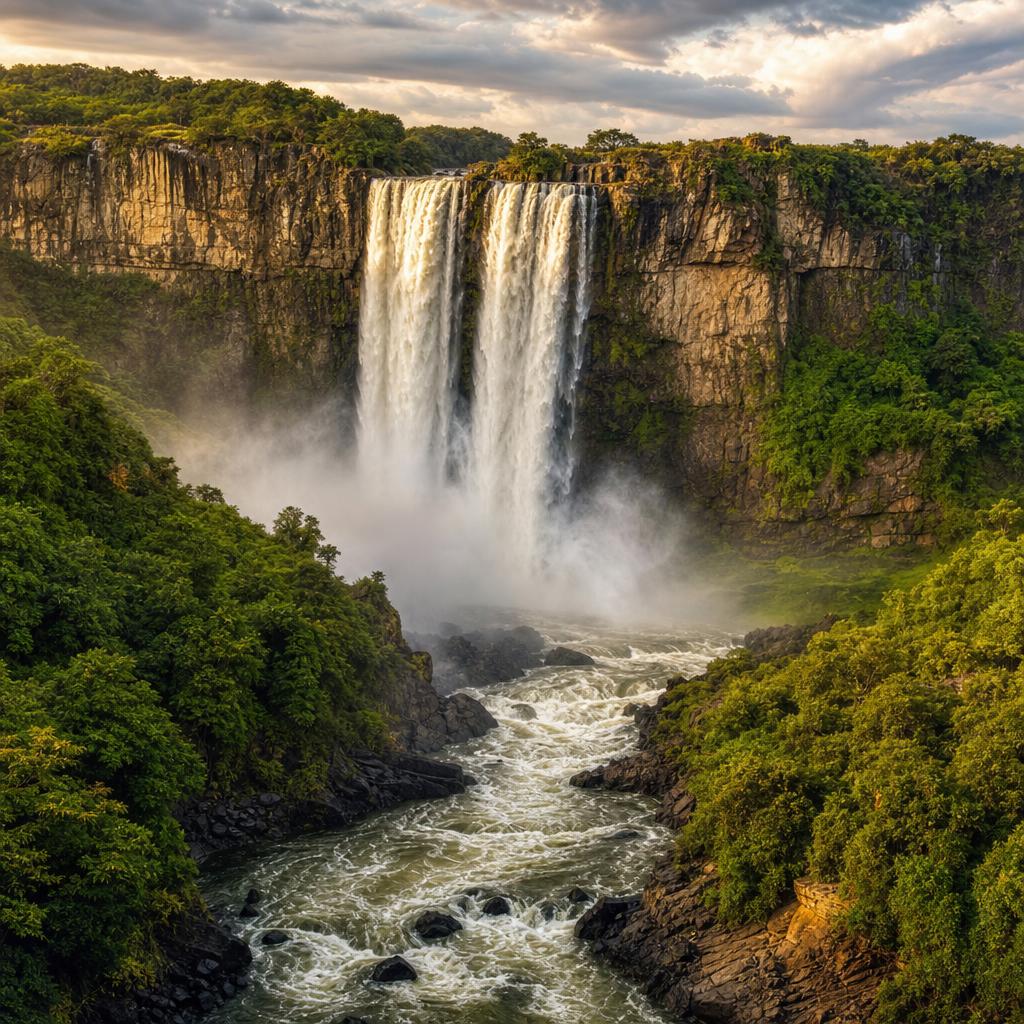 Powerful water cascades over the dramatic Kalandula Falls in remote Angola.