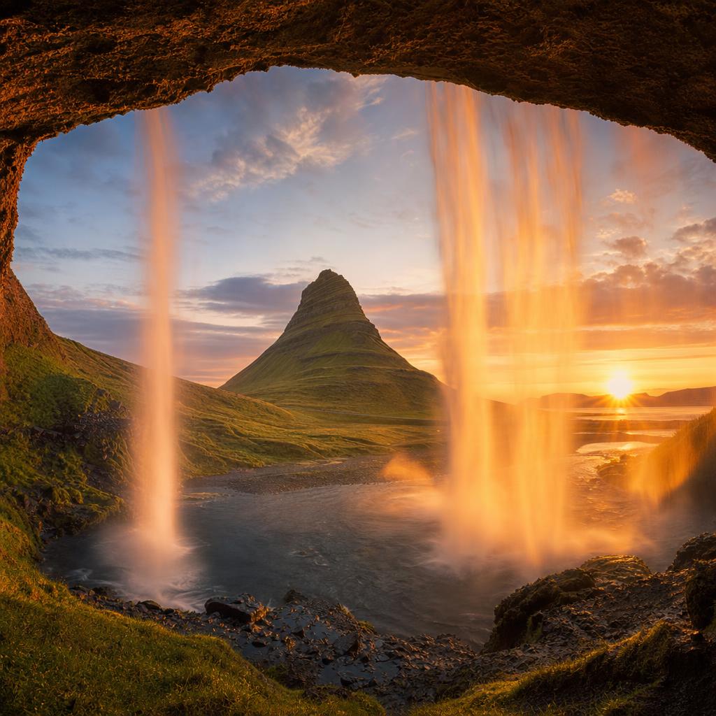 A iconic Icelandic mountain rises behind a cascading waterfall during the bright golden hour.
