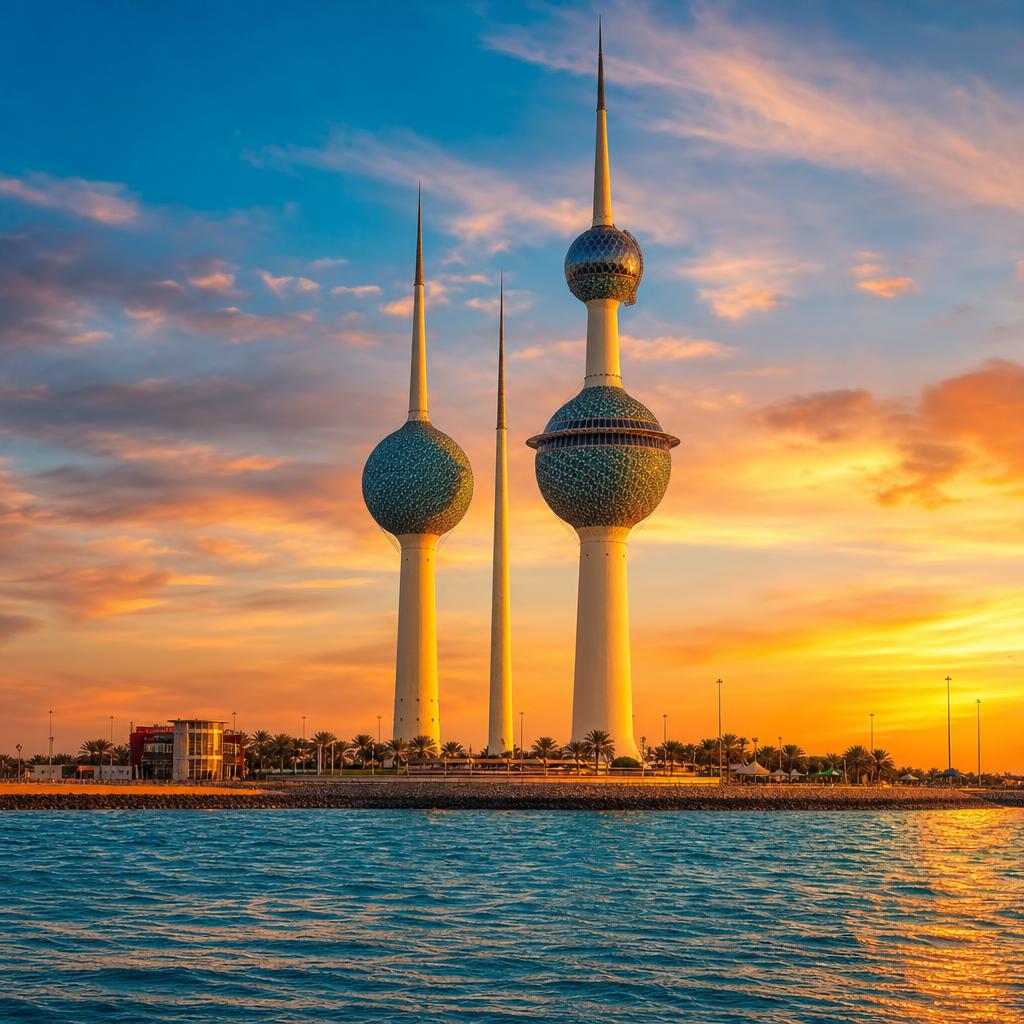 Kuwait Towers stand beautifully against the radiant backdrop of a warm Middle Eastern sunset.