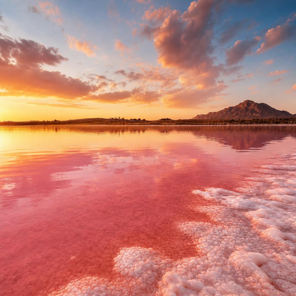 Reflecting the orange evening light, the bright pink waters of Senegal's Lake Retba.