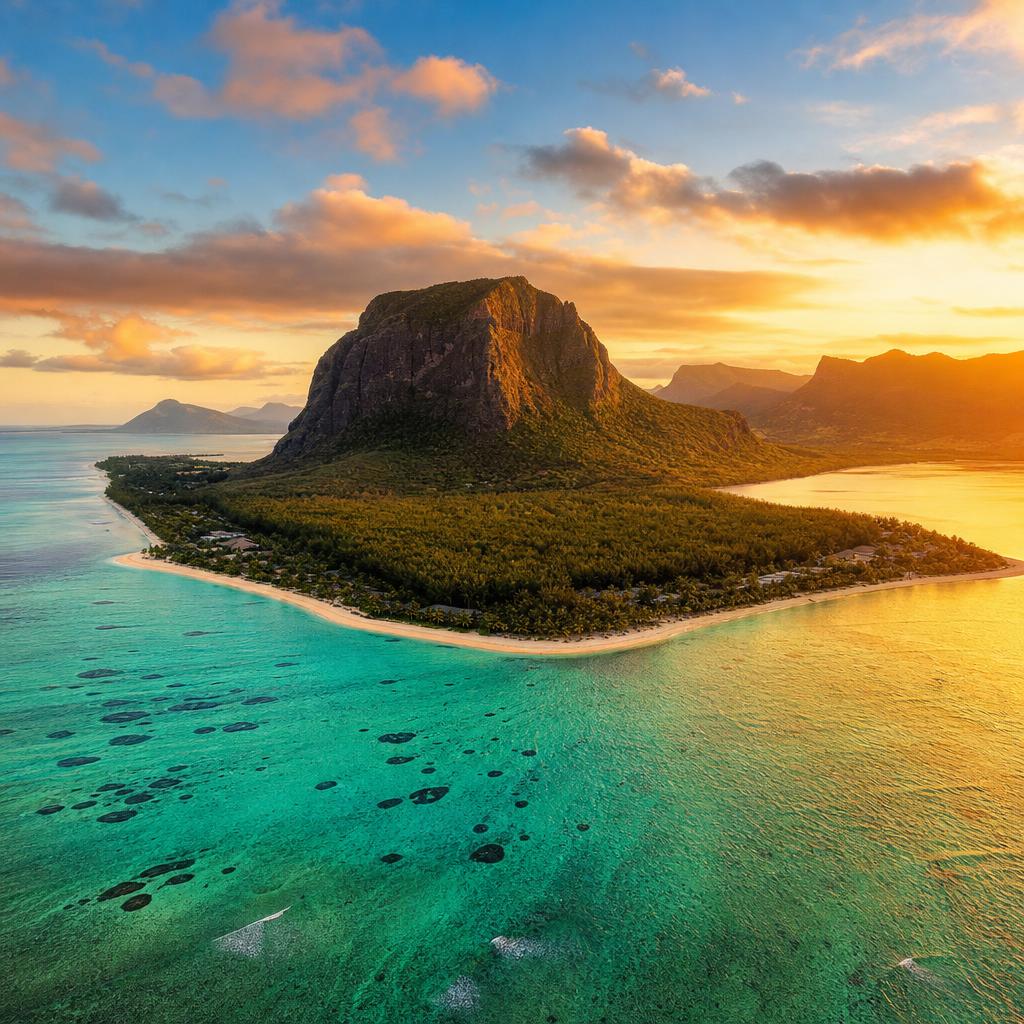 A striking mountain landscape meets the turquoise sea on the shores of Mauritius island.