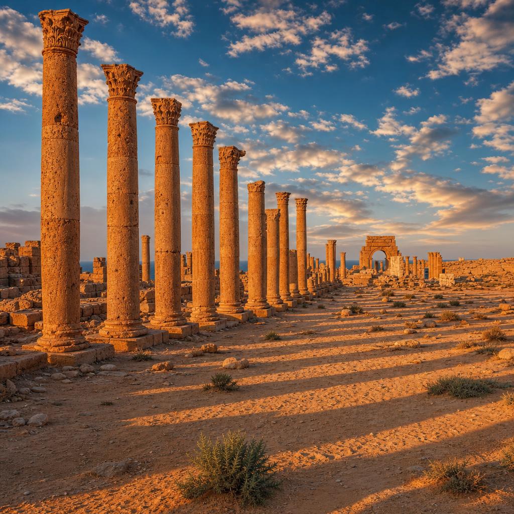 Magnificent Roman ruins at Leptis Magna capture the essence of Libya during late afternoon.