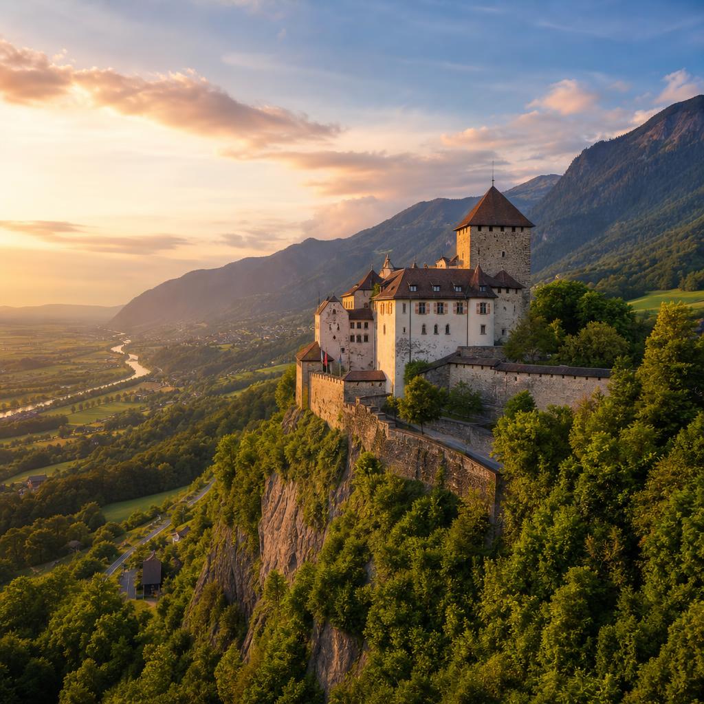 High above the valley, Vaduz Castle rests atop a hill in the heart of Liechtenstein.
