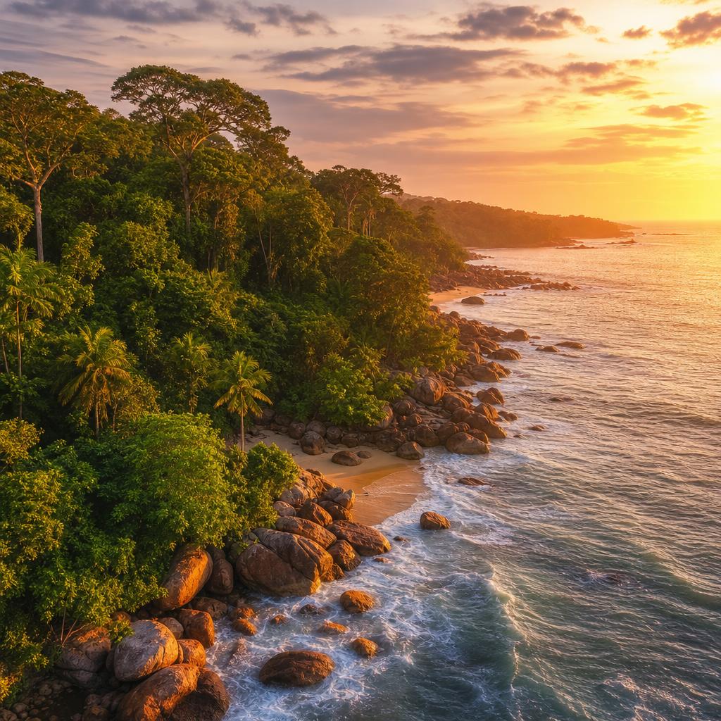 In Gabon, the wild Loango coastline glows warmly where the rainforest touches the ocean.
