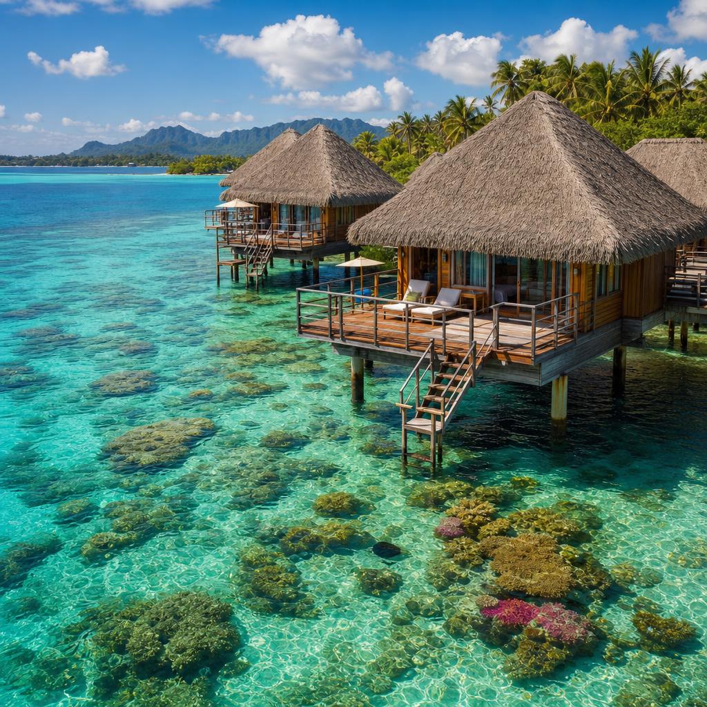 Tropical luxury defines these overwater structures set against the blue ocean of the Maldives.