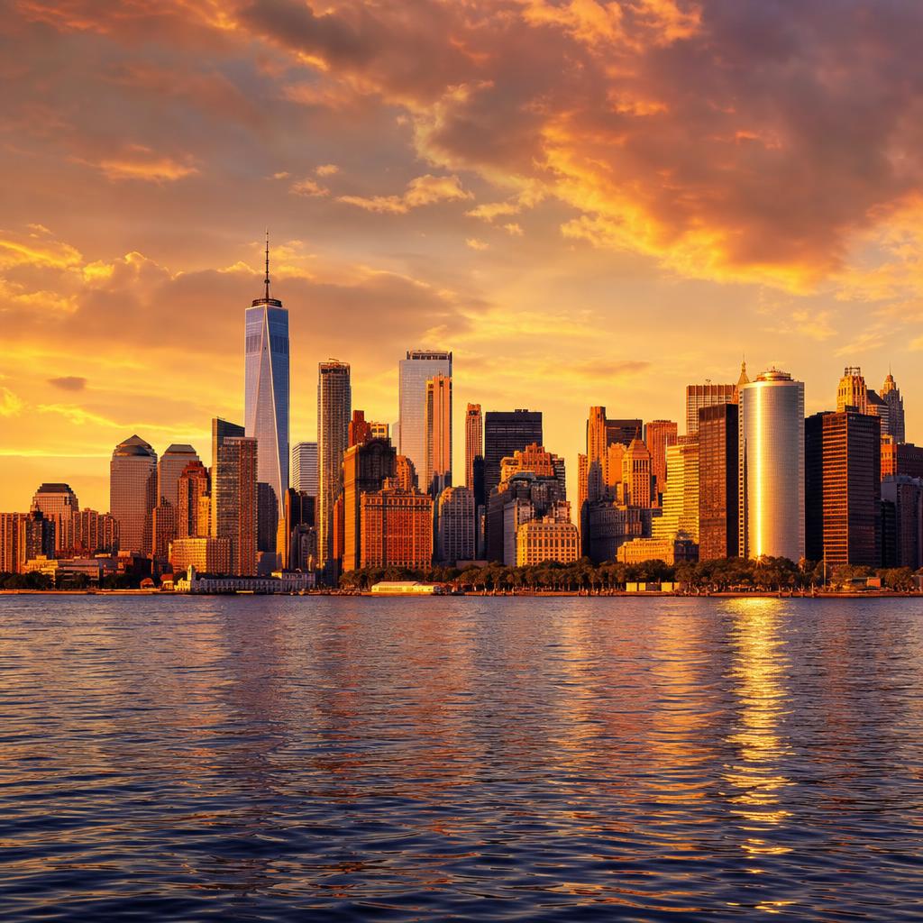 The Manhattan skyline at sunset seen across the water, New York City