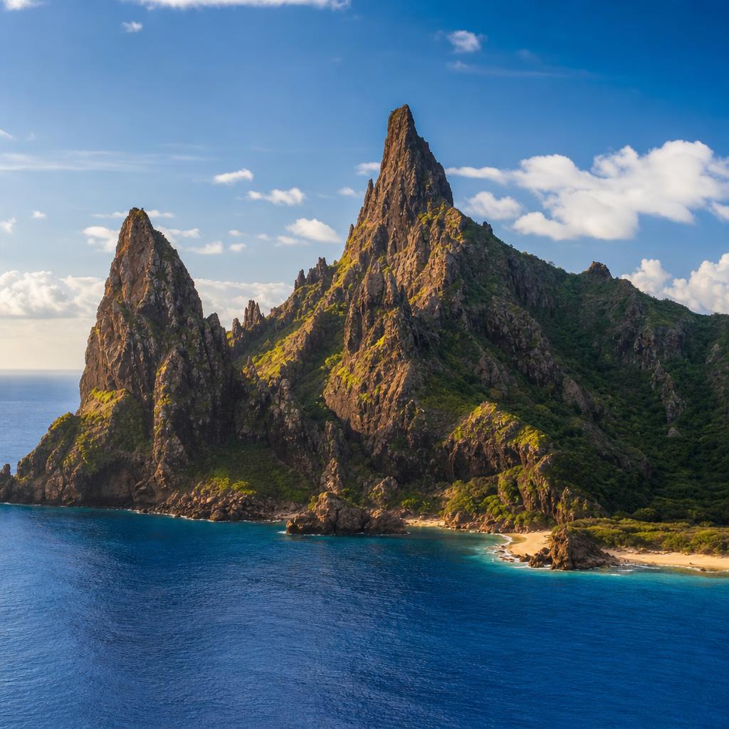The rugged volcanic islands of Mayotte contrast sharply with the calm surrounding coral lagoon.