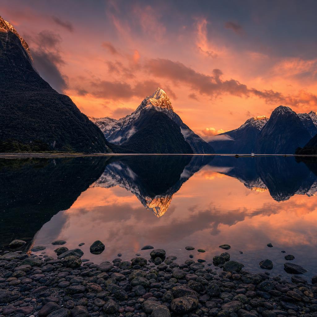 The dramatic snow-capped peaks of Milford Sound rise above New Zealand's tranquil dark waters.