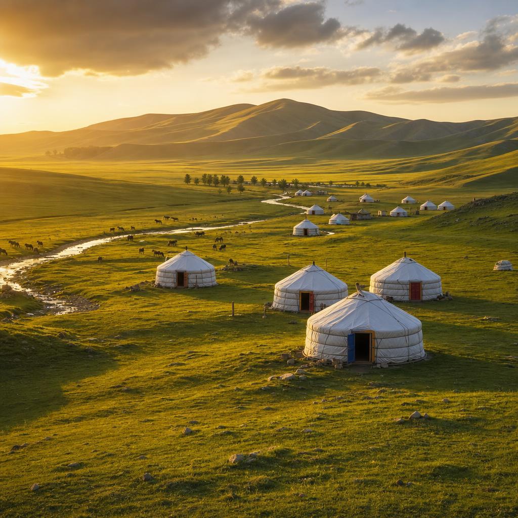 Traditional life continues across the expansive and peaceful landscape of the Mongolian steppes.