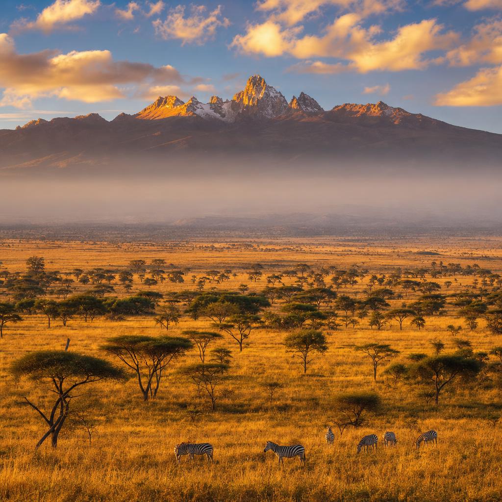 The rugged peaks of Mount Kenya rise majestically over the sunlit plains of Kenya.