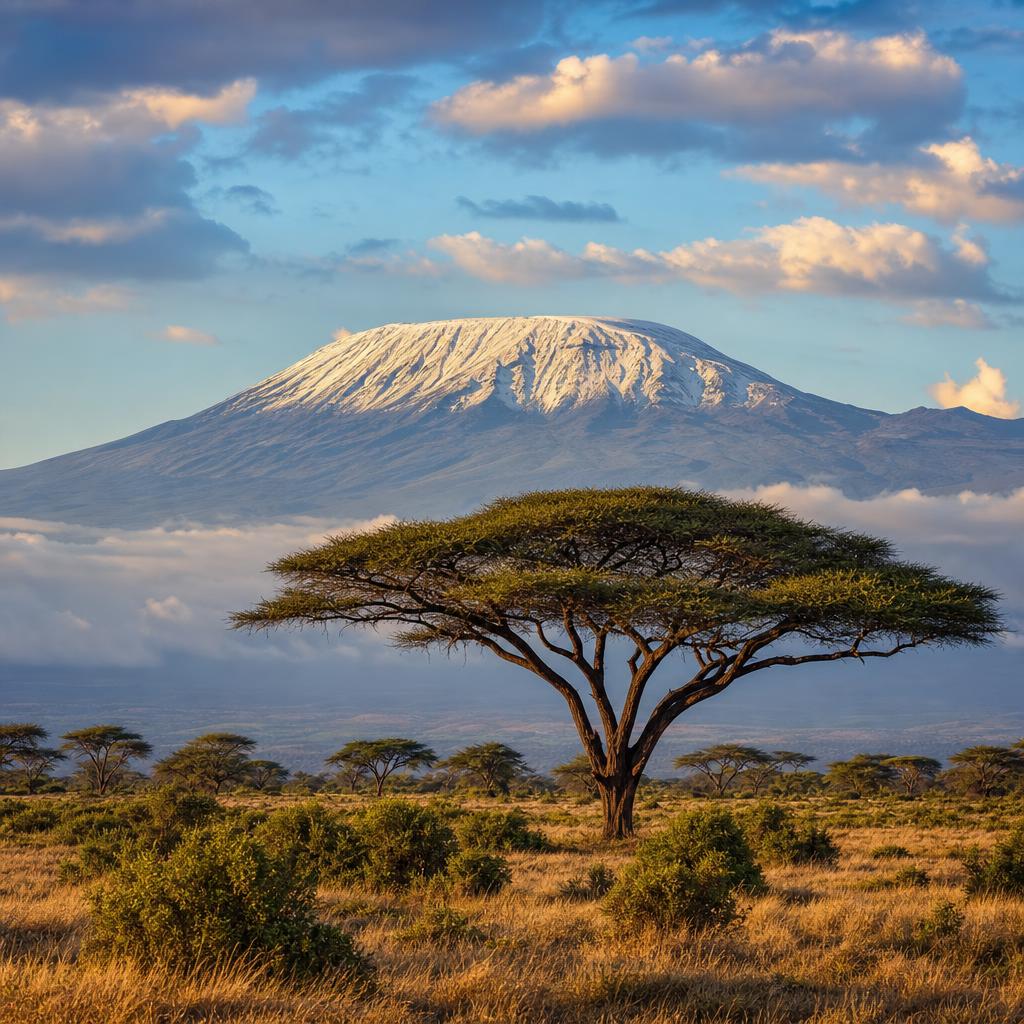 Snow-capped Mount Kilimanjaro looms over the Tanzanian plains at the very end of day.