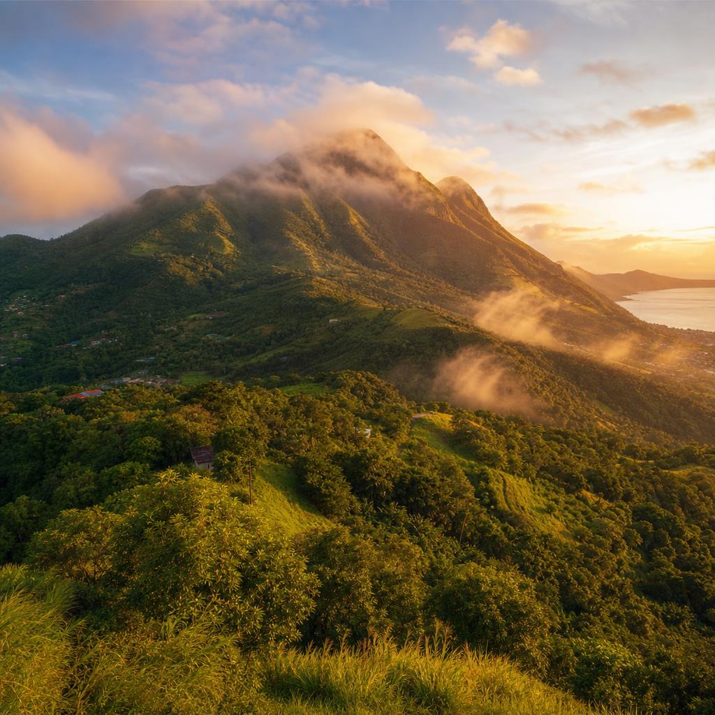 Mist clings to the volcanic peaks of Mount Pelee in the heart of Martinique.