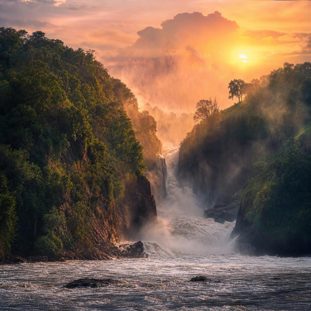 The thunderous power of Murchison Falls in Uganda is visible amidst the evening spray.