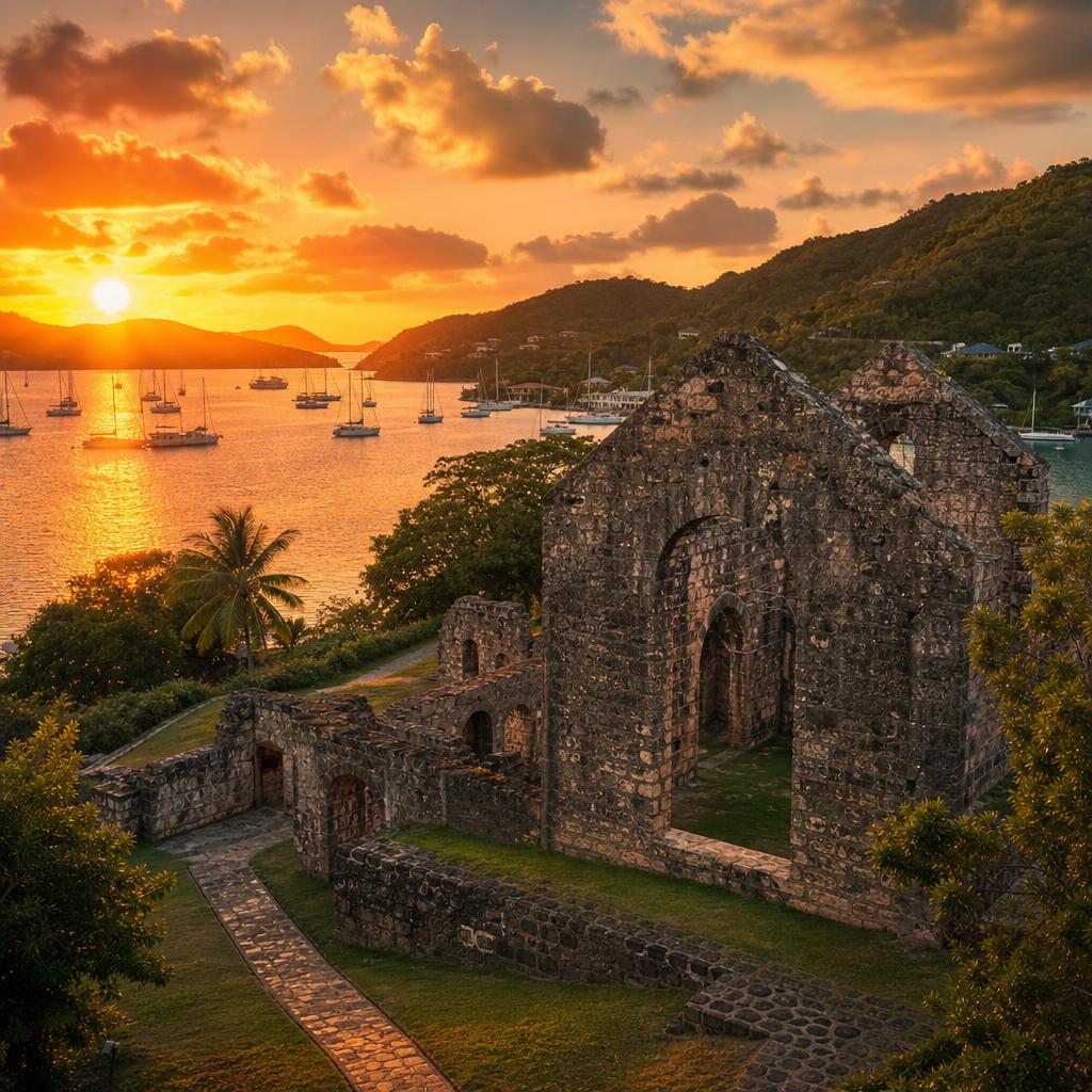 The historic harbor of Antigua glows warmly as dusk settles over Nelson's Dockyard.