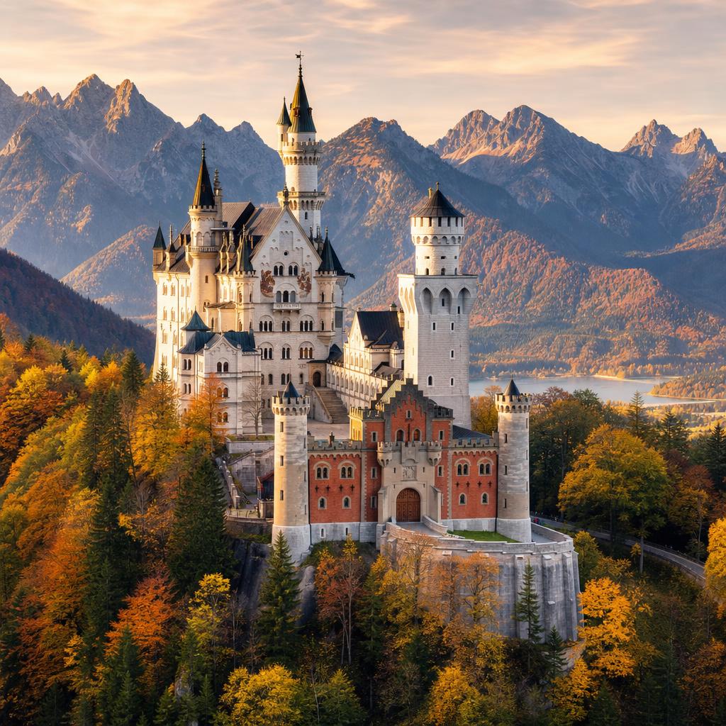 Neuschwanstein Castle above the Bavarian forest in autumn, Germany