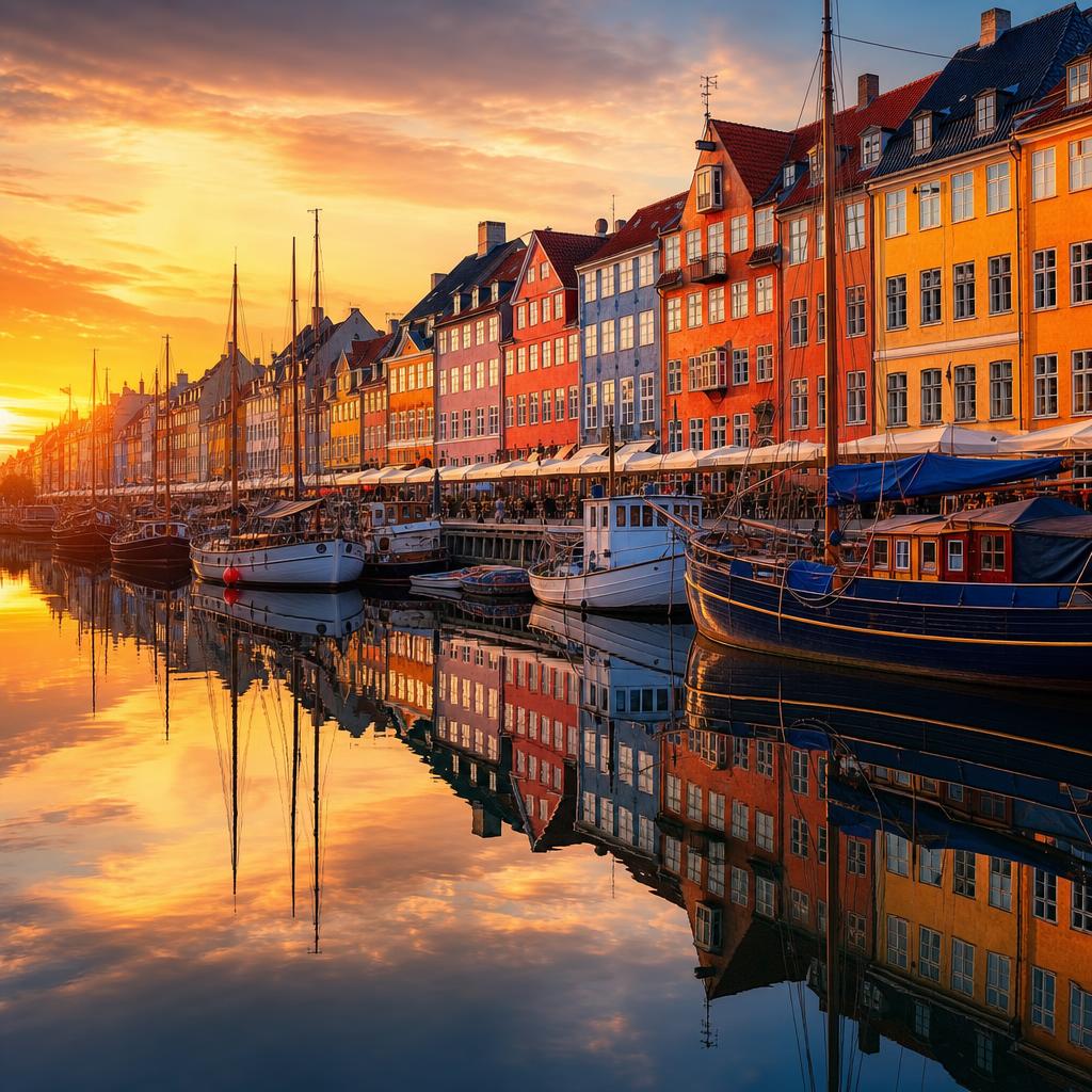Warm light paints the famous canal houses of Nyhavn in central Denmark.