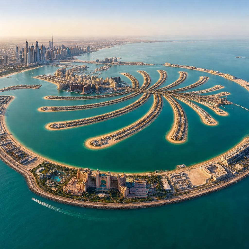 An aerial view of the Palm Jumeirah's fronds and crescent reaching into the Gulf at golden hour, Dubai