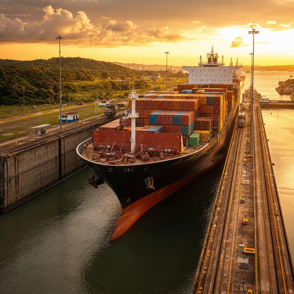 A massive cargo ship moves through the concrete locks of the Panama Canal.