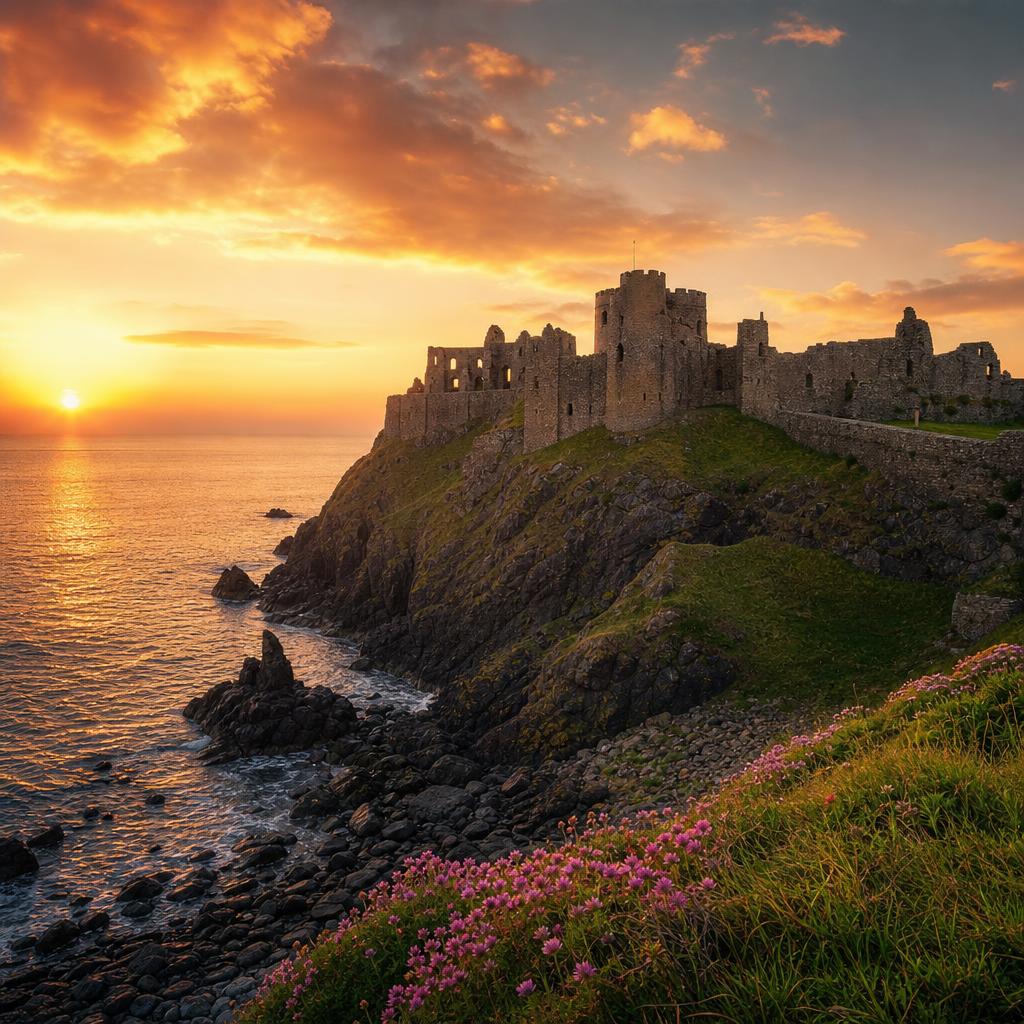 Ruins of Peel Castle are silhouetted against the horizon on the Isle of Man.
