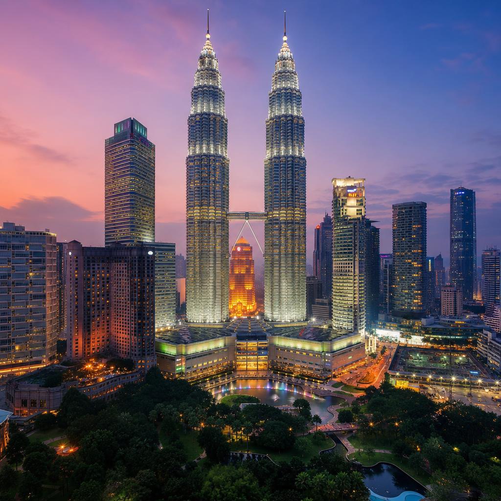 Rising high above the city, the Petronas Twin Towers define the skyline of Malaysia.