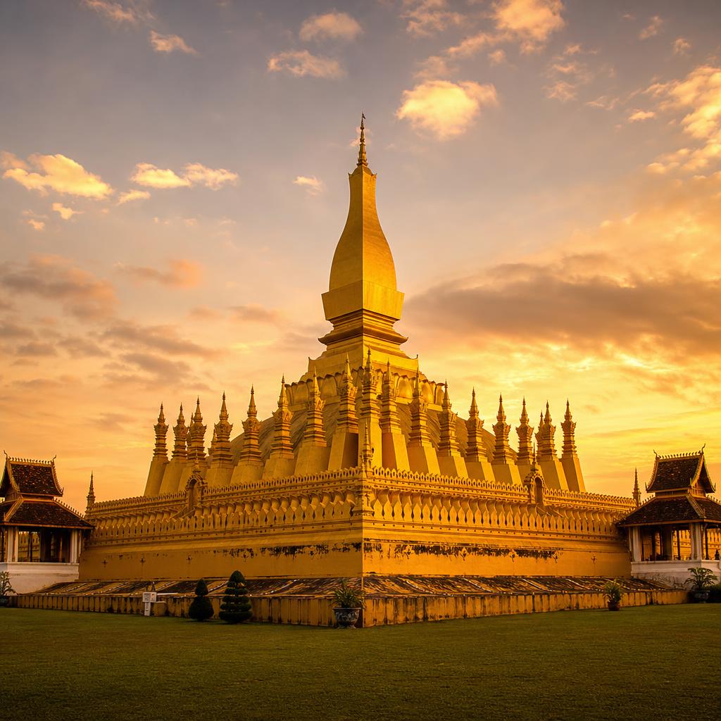 Pha That Luang temple in Laos shines brilliantly during the golden hour of twilight.