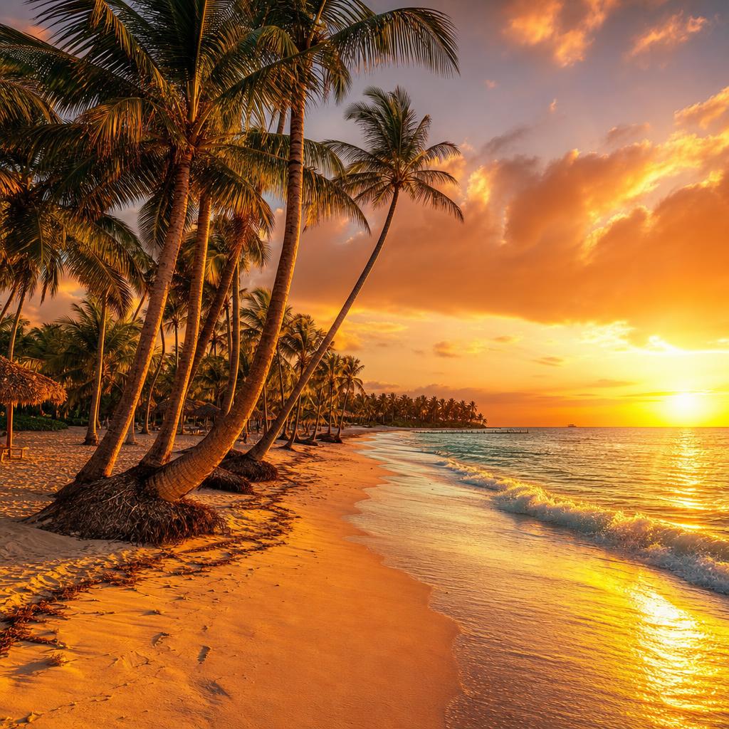 Golden hour illuminates the tranquil white sands of Punta Cana, Dominican Republic.