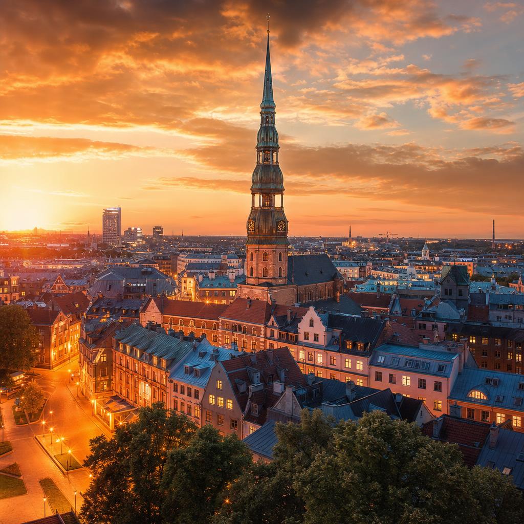 Sunlight paints the historic streets of Riga surrounding Saint Peters Church in Latvia.