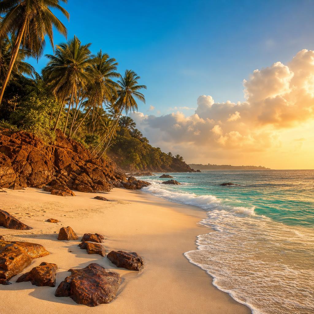 A serene tropical coastline in Liberia features crashing waves under a soft glowing sky.