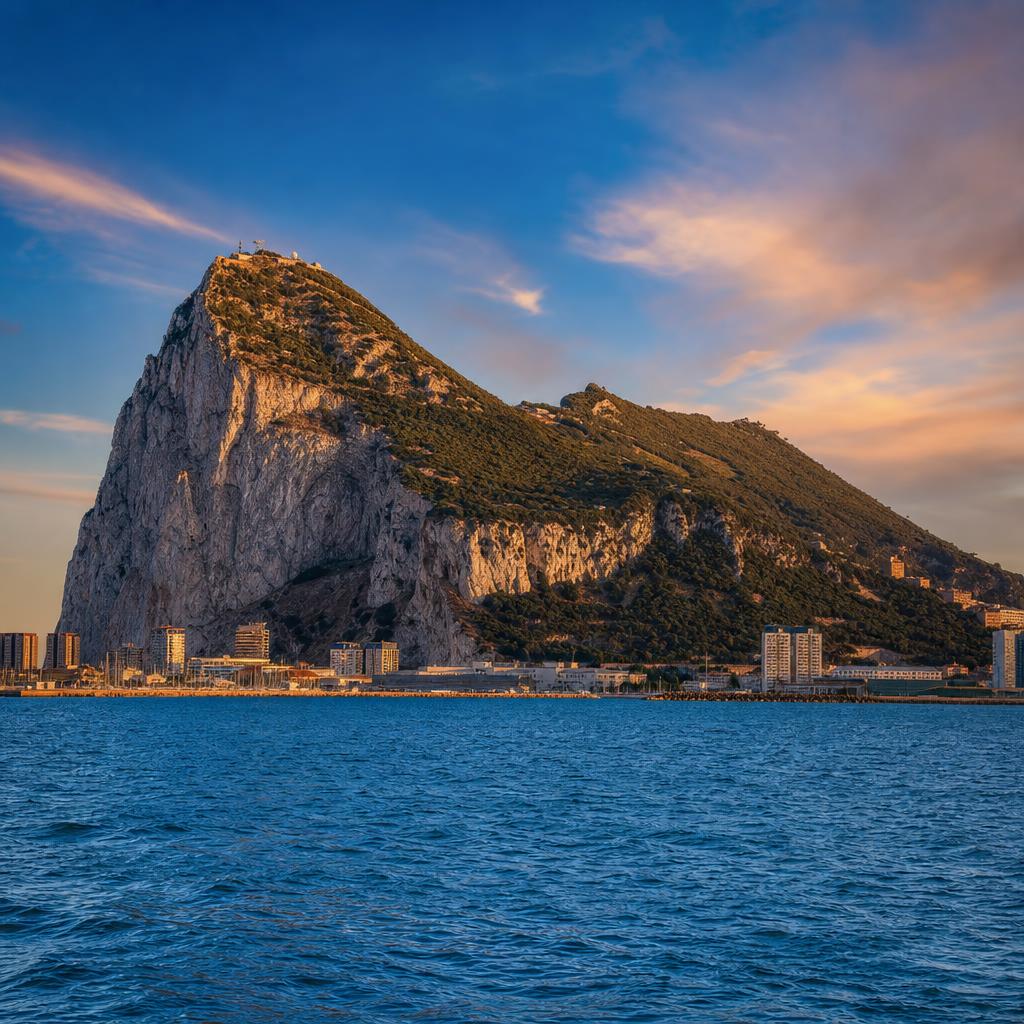 Majestic limestone cliffs of the Rock of Gibraltar glow under the soft setting sun.