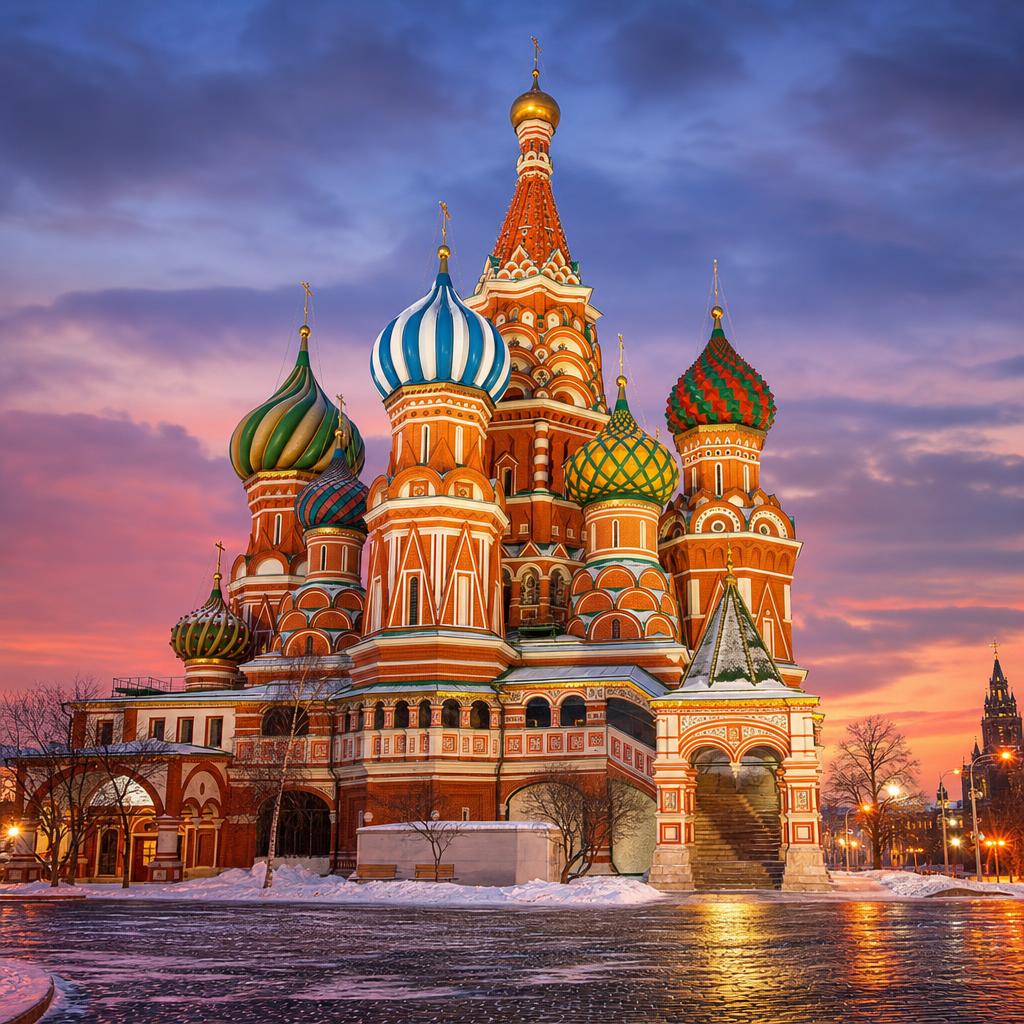 The vibrant onion domes of Saint Basil's Cathedral glow under Russia's cold twilight.