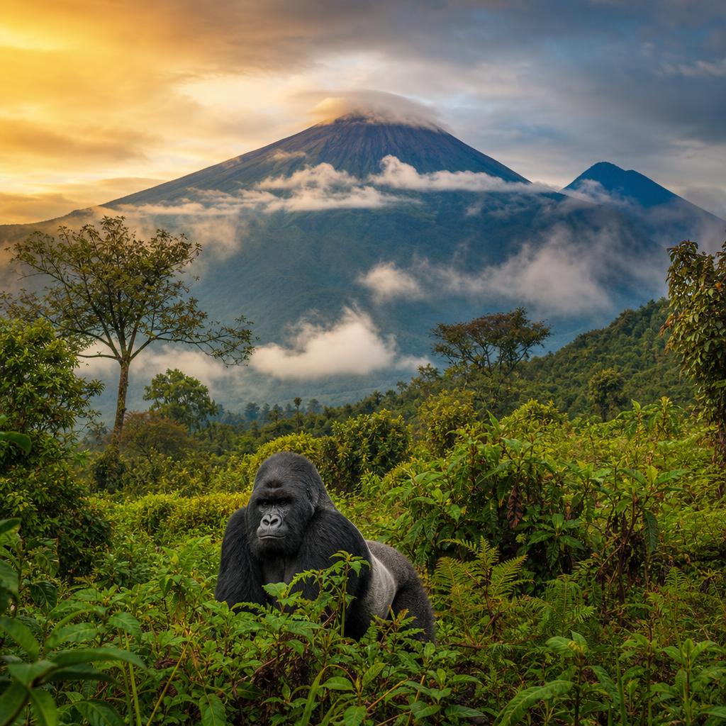 High above the gorilla habitat, mist-covered volcanic peaks define Rwanda's dramatic mountain landscape.