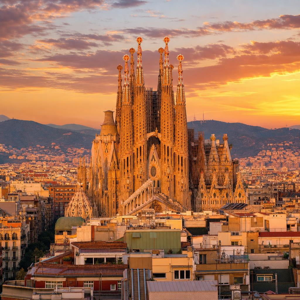 The Sagrada Família catching golden evening light over Barcelona, Spain