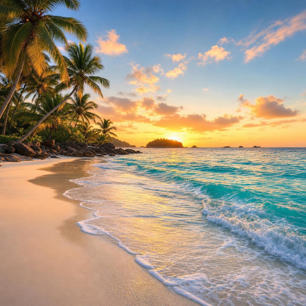Waves lap against the white sands of Orient Bay on the island of Saint Martin.