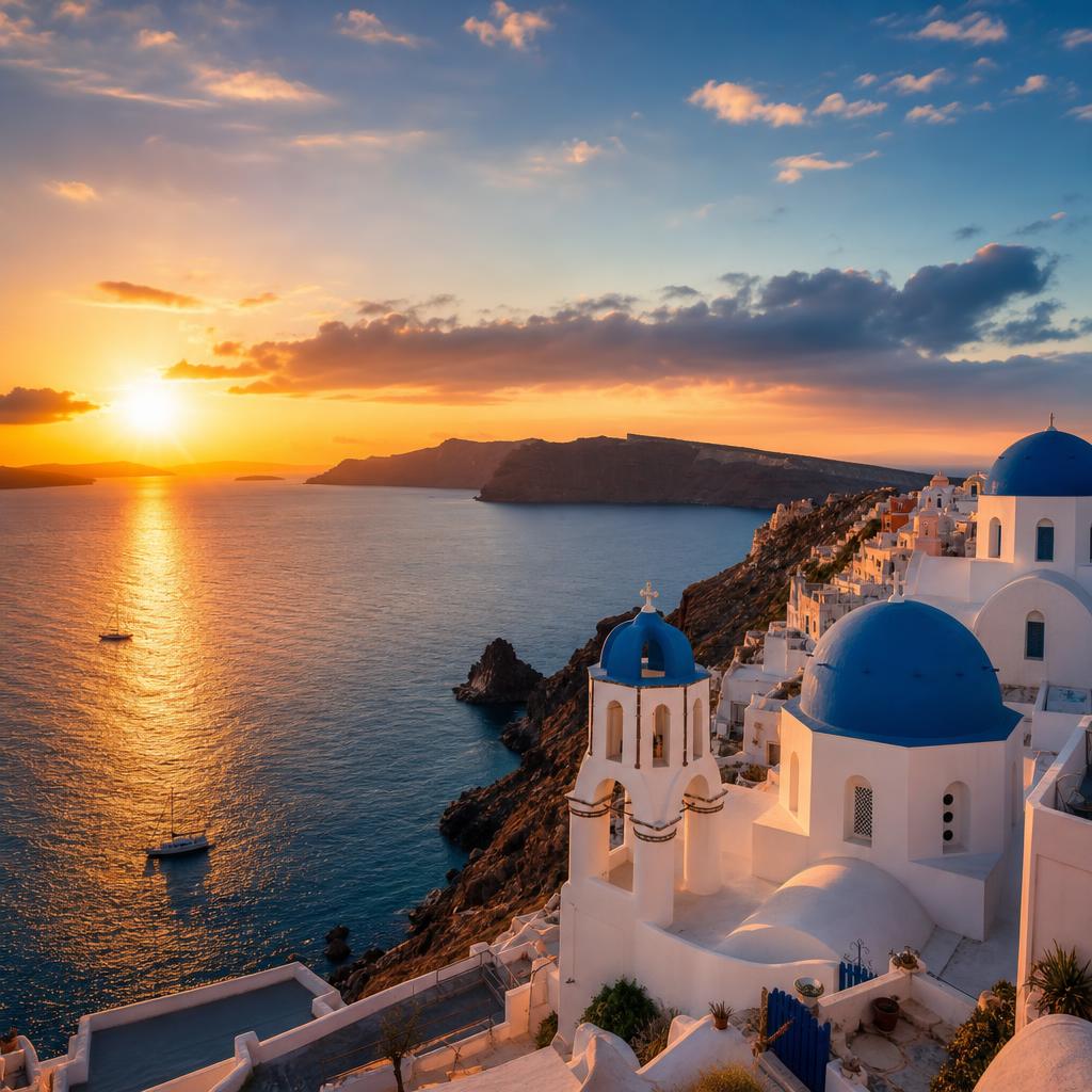 Whitewashed houses and blue-domed churches above the Aegean Sea in Santorini, Greece