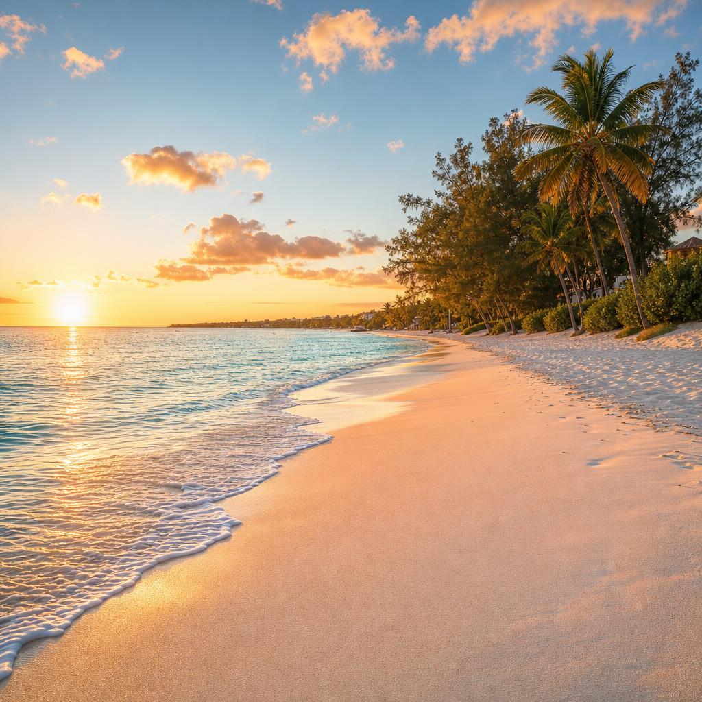Soft golden light illuminates the pristine Seven Mile Beach in the Cayman Islands.