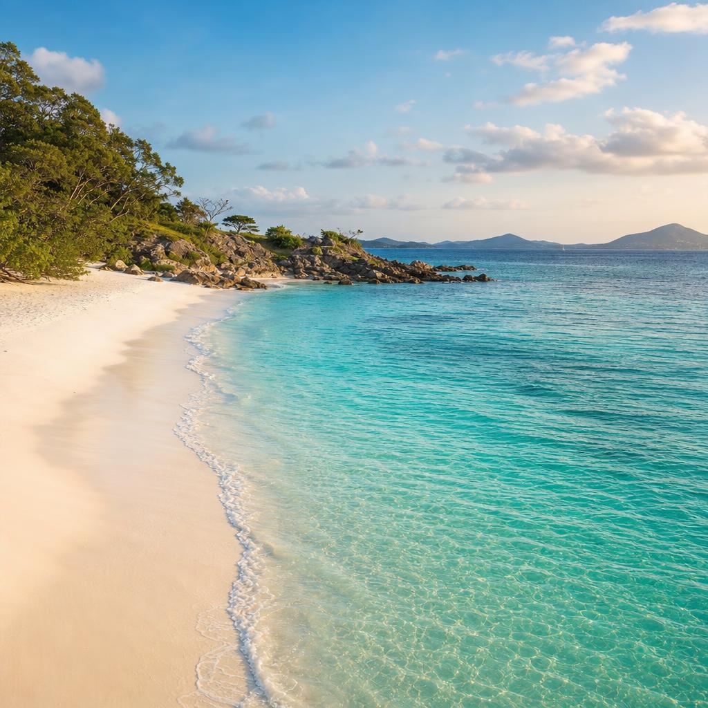 Pristine white beaches frame the clear turquoise Caribbean water in Anguilla.