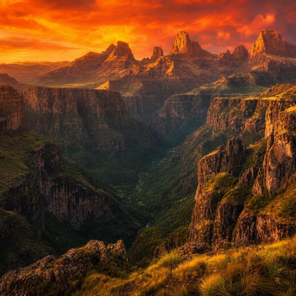Jagged cliffs of the Simien Mountains are illuminated by golden Ethiopian sunsets.