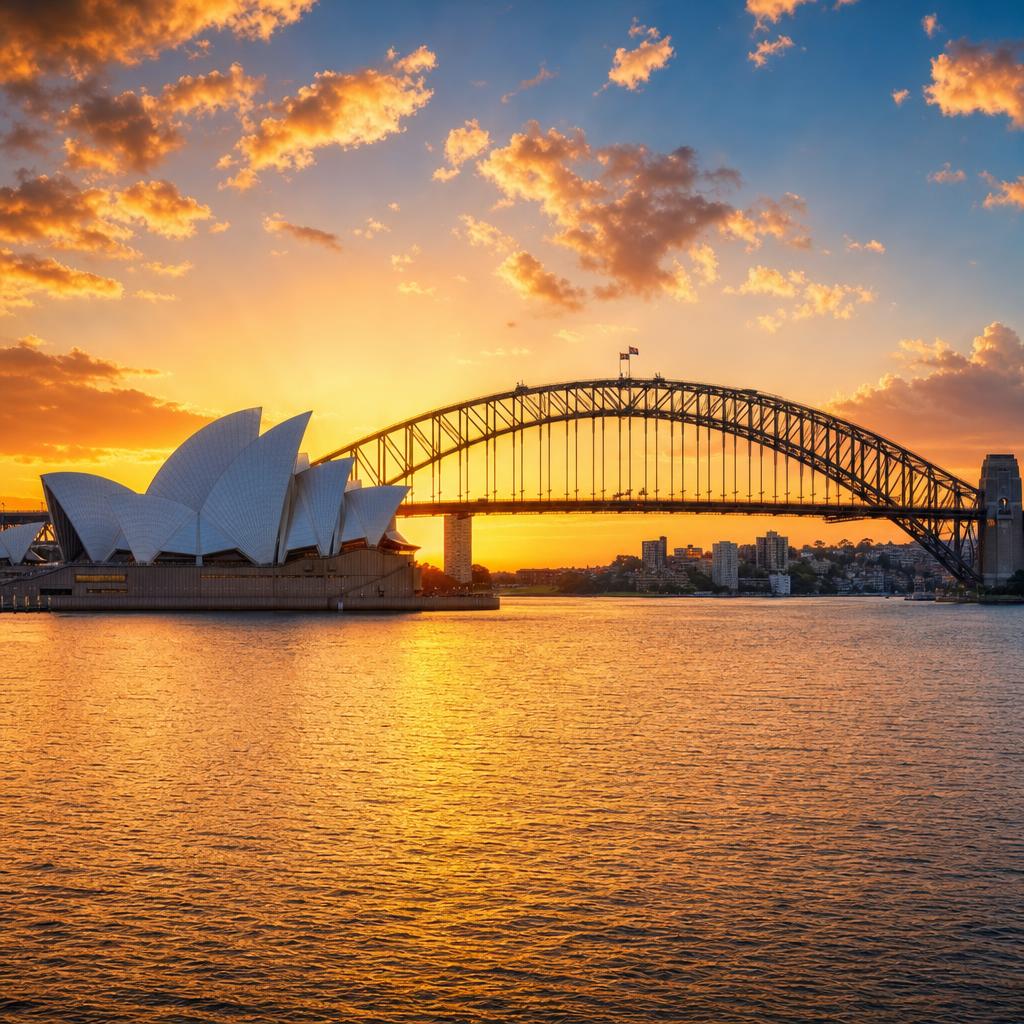 Sydney Opera House and the Harbour Bridge under a sunset sky, Australia