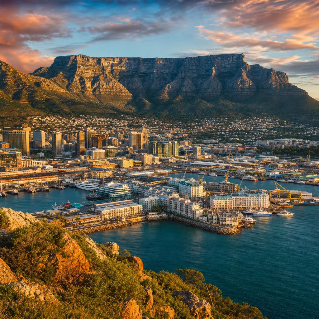 Golden light brushes the rugged summit of Table Mountain overlooking the South African coast.