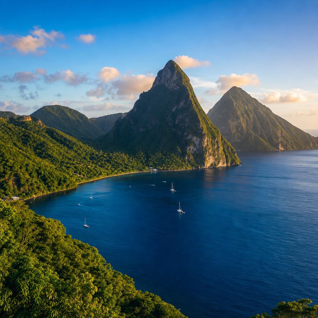 The Pitons rise sharply from the vibrant blue waters of Saint Lucia at dusk.