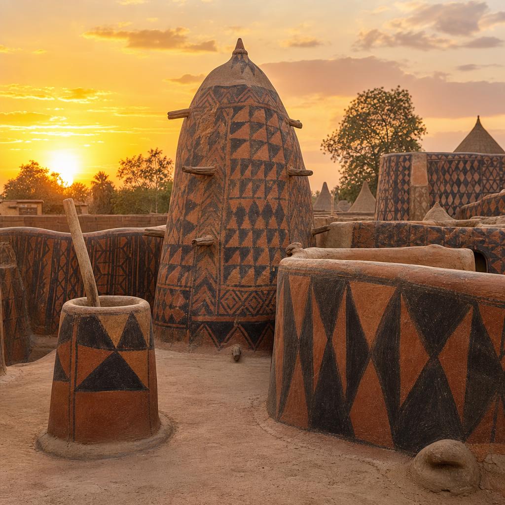 Intricate patterns adorn the royal dwellings of Tiébélé in rural Burkina Faso.