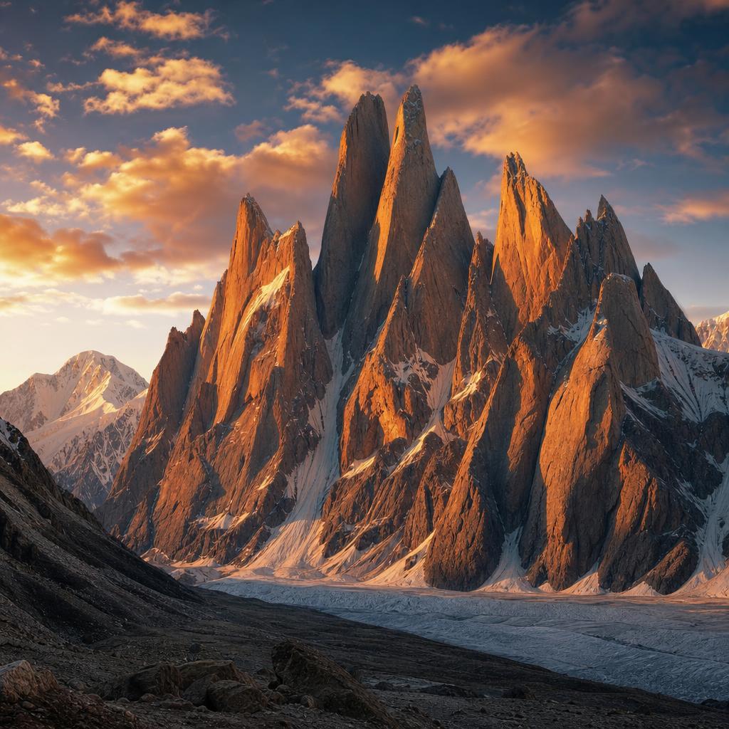 Piercing the golden Himalayan light, the jagged granite Trango Towers stand in Pakistan.