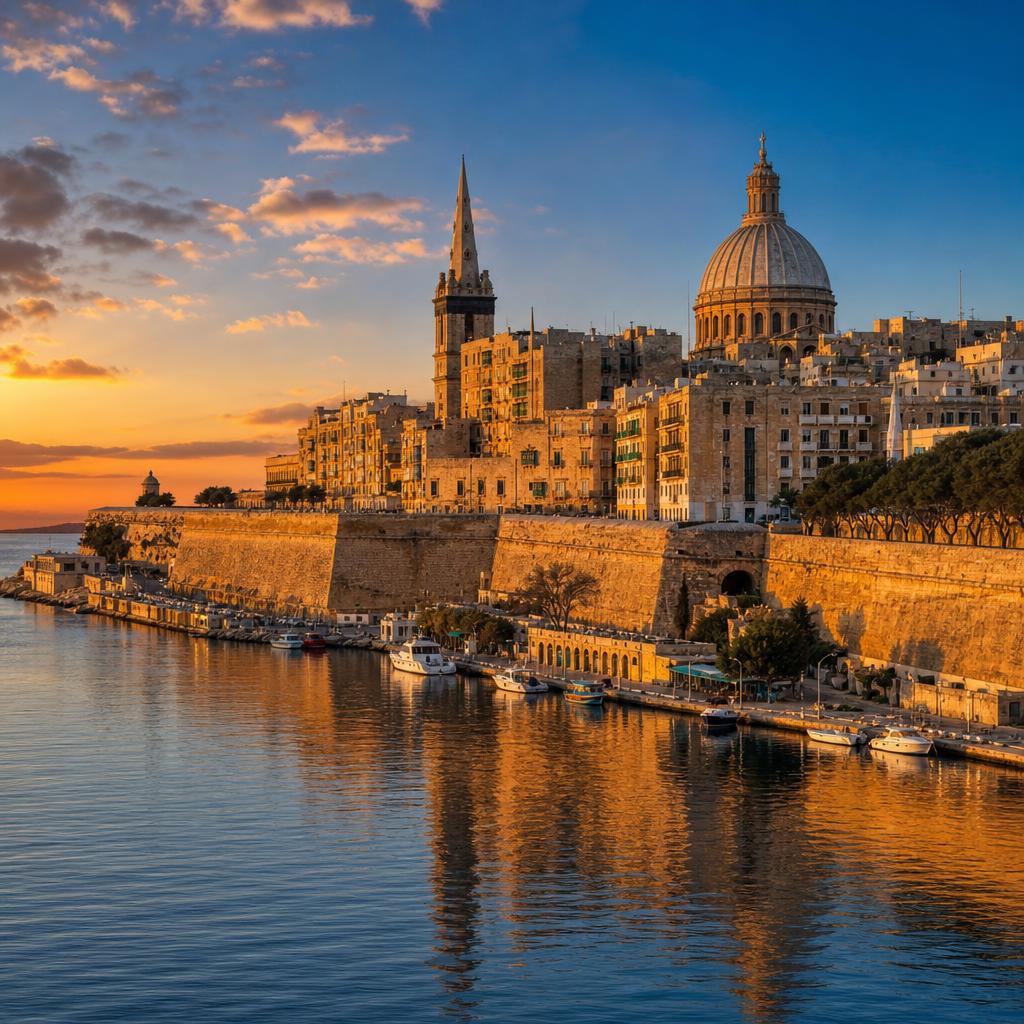 Ancient stone fortifications in Valletta glow warmly as the sun sets over Malta island.