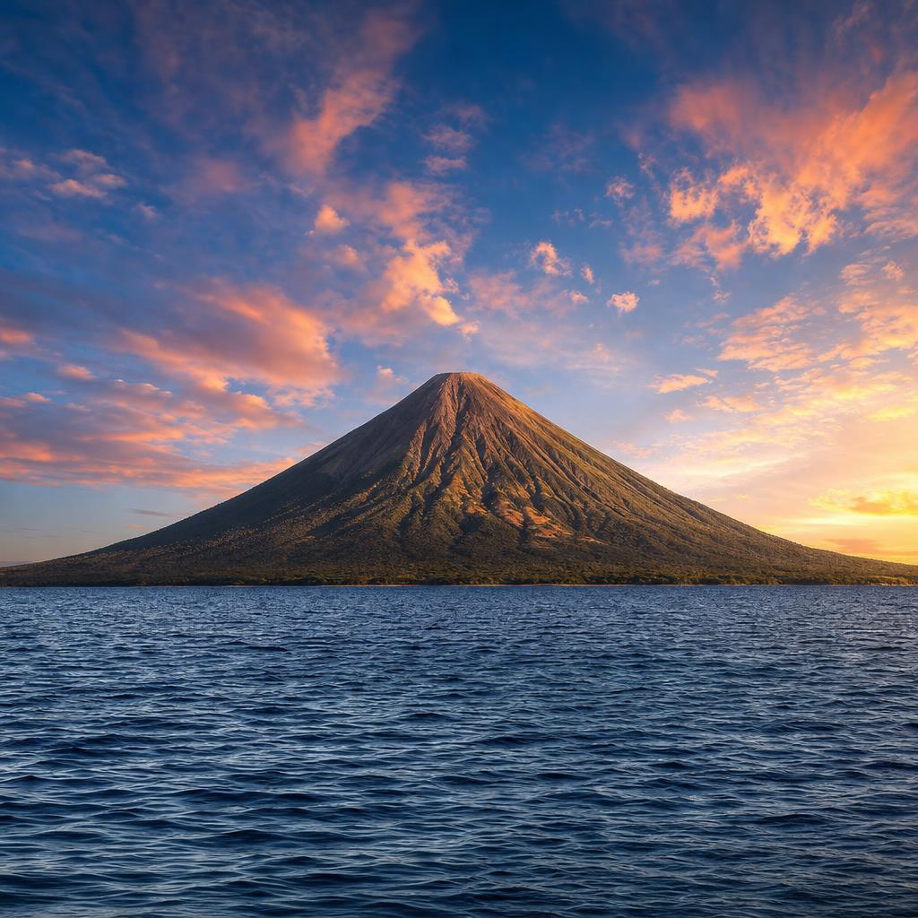 A perfectly symmetrical volcanic cone towers over the shimmering Lake Nicaragua at sunset.