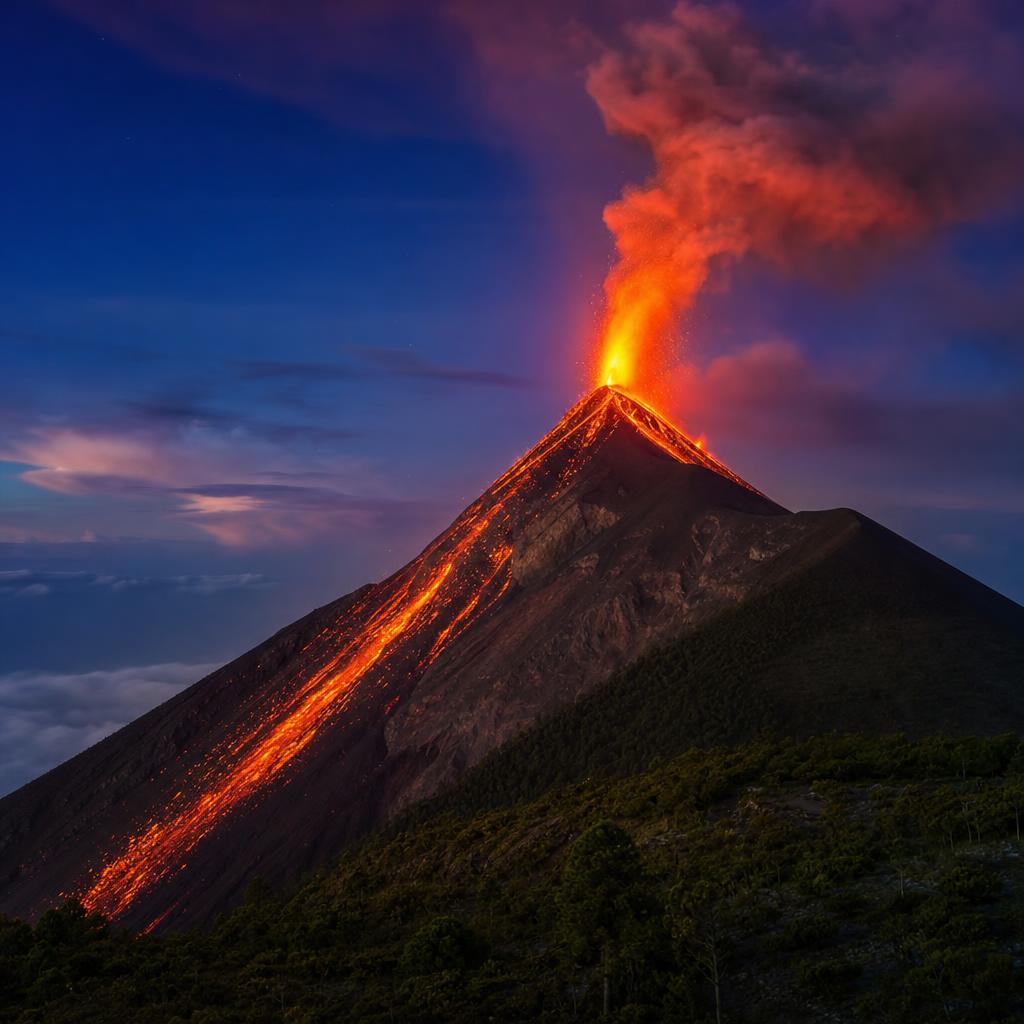 Orange lava erupts from Volcan de Fuego, lighting up the evening sky in Guatemala.