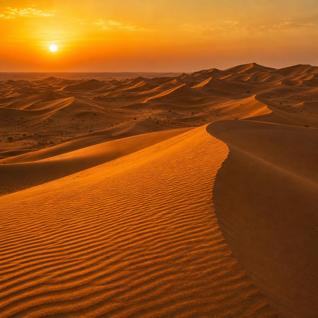 Golden sand dunes stretch endlessly under the soft burning amber sky of Oman.